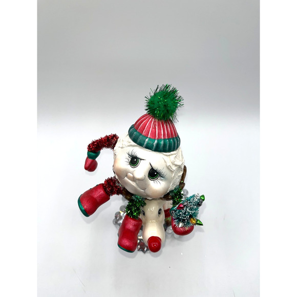 Vintage Ceramic Snowball Sitting in Rudolphs Antlers Mikasa Glass Snowflake OOAK - Picture 4 of 16